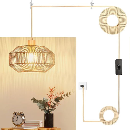 Qingmiao Boho Plug in Pendant Light, Handwoven Shade, 3 Way Bulb, 14ft Cord | Rattan Hanging Lamp Plug in, Dimmable Hanging Light Fixture for Living Room Bedroom Kitchen Ceiling Farmhouse Home Decor
