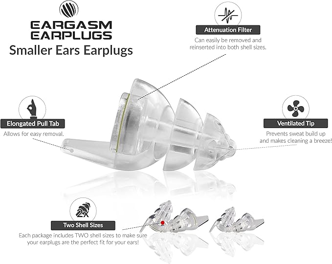 Eargasm Smaller Ears Transparent Clear Earplugs for Concerts, Festivals, Musicians, Night-Life, Motorcycle Hearing Protection - Reusable Ear Plugs for Small Ear Canals, Noise Reduction up to 21 dB