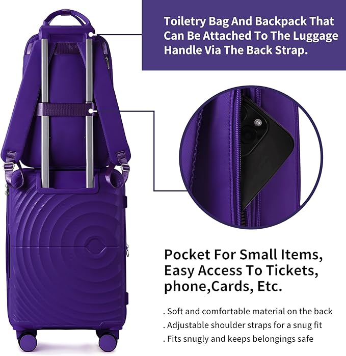 LARVENDER Carry On Luggage Set 22x14x9 Airline Approved, Expandable 20 Inch Carry-On Suitcases With Wheels, Lightweight Luggage Sets 3 Pieces With Backpack, Grape Purple