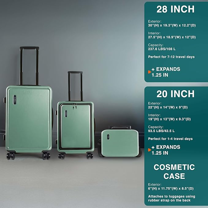 Luggage Sets 3 Piece, 20 Inch Carry on Luggage and 28 Inch Suitcases with Wheels Spinner, Durable Hard Shell Suitcase Set, Expandable Travel Suitcase, Sage Green