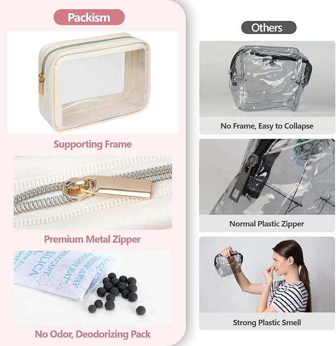 PACKISM TSA Approved Toiletry Bag 4 Medium - Quart Size Clear Makeup Bag for Carry On, Airport Security Compliant Clear Travel bag for Toiletries with Reinforced Seams, Beige