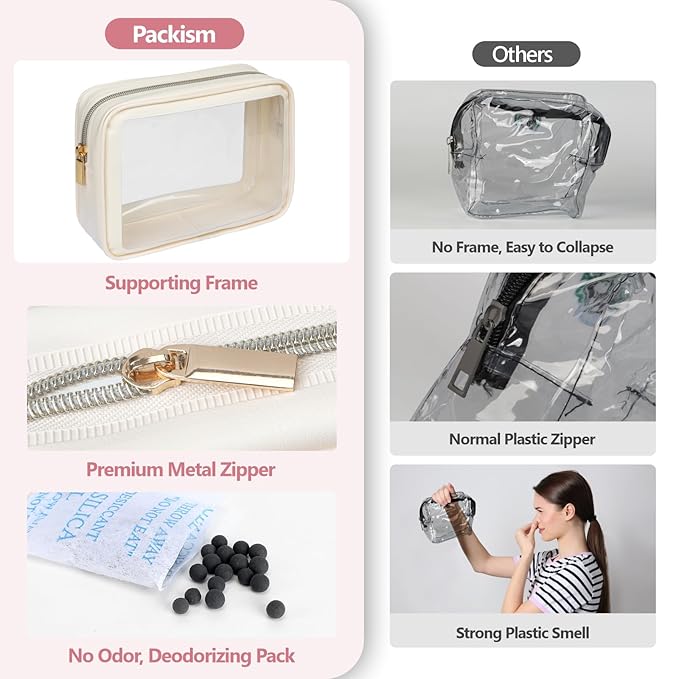 F-color TSA Approved Toiletry Bag 3 Pack Medium - Clear Makeup Bag Travel Quart Size for Women Men, Clear Cosmetic Bag Airport Airline Compliant Carry on Bag, Beige