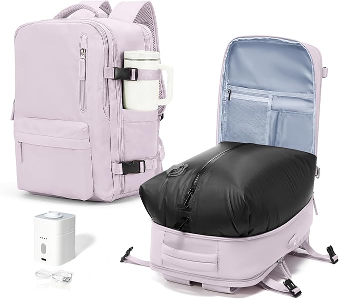 VECAVE Vacuum Travel Backpack with Pump for Women, Personal Item Carry on Backpacks Flight Approved 18x14x8 inches for Men,Laptop Waterproof Work Compression bags Casual Daypack. (Pink)