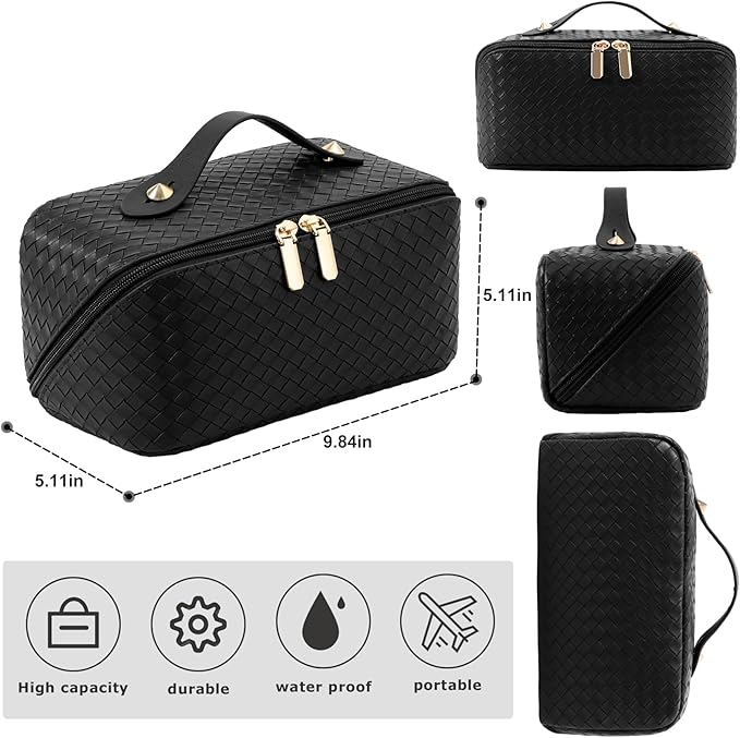 Large Capacity Travel Cosmetic Bag - Portable Makeup Bags for Women Waterproof PU Leather Checkered Makeup Organizer Bag with Dividers and Handle,Toiletry Bag for Cosmetics