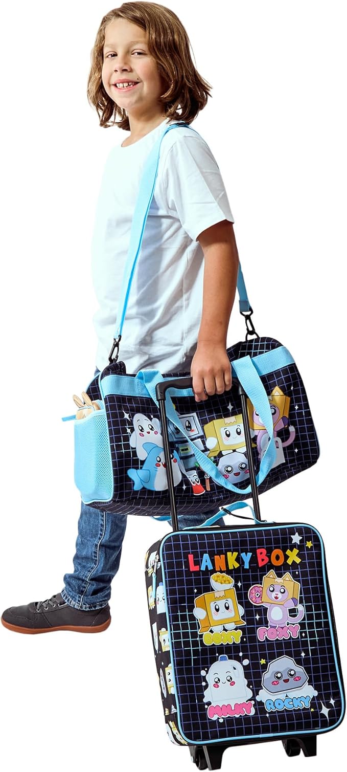 Bioworld LankyBox 4-Piece Kids' Carry On Travel Set - Officially Licensed with 14" Pilot Case Duffle Bag Utility Case and Luggage Tag