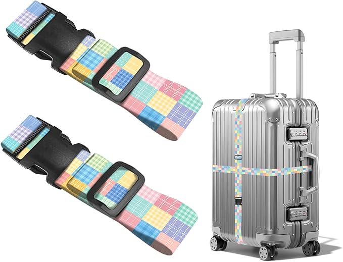 Nuxovilar Luggage Straps Multi-Color Check & dot Polyester 1.96x90.5inch 2 Set Suitcase Cargo Strap Travel Item Student Travel Bus Stop Short Trip