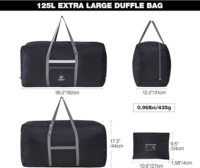 REDCAMP 125L Foldable Extra Large Duffle Bag, Lightweight Travel Duffel Bag with Adjustable Strap for Men Women, Black 125L