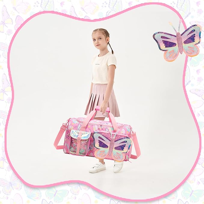 Butterfly Kids Duffle Bag Girls Ballet Dance Bag Overnight Travel Bags for Girls Gymnastics Sports Bags for Kids with Shoe Compartment
