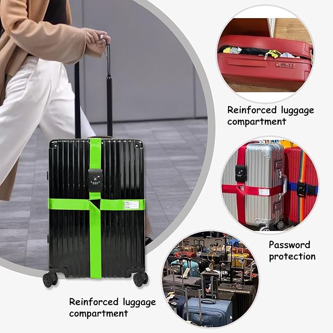 Luggage Straps TAS,Travel Strap with Name tag,Easy to Identify,Luggage Straps TSA Approved with Lock,Combination Luggage Lock with Adjustable Length,Compatible with 20-34 inch Luggage(Green 2 Pack)