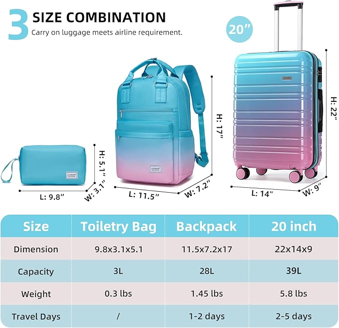 LARVENDER Carry on Luggage 22x14x9 Airline Approved Hardshell Suitcase with Wheels TSA Lock, PC+ABS Lightweight Suitcase Set for Women with Travel Backpack, Cotton Candy, 3 Piece Set