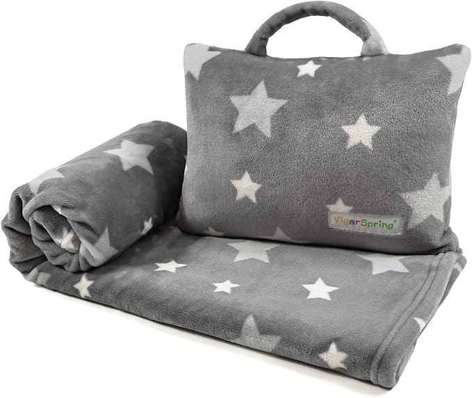 3-in-1 Kids Travel Pillow and Blanket Set - 40x60 Inches Soft Grey Star Design | Travel Blanket Airplane Compact with Bag | Ideal for Travel, Camping, Car Rides & Home Decor