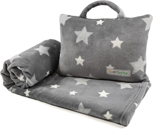3-in-1 Kids Travel Pillow and Blanket Set - 40x60 Inches Soft Grey Star Design | Travel Blanket Airplane Compact with Bag | Ideal for Travel, Camping, Car Rides & Home Decor