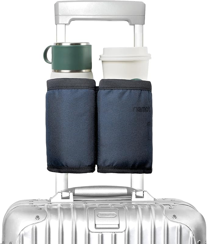 riemot Luggage Travel Cup Holder Free Hand Drink Carrier - Hold Two Coffee Mugs - Fits Roll on Suitcase Handles - Gifts for Flight Attendants Travelers Accessories Navy Blue