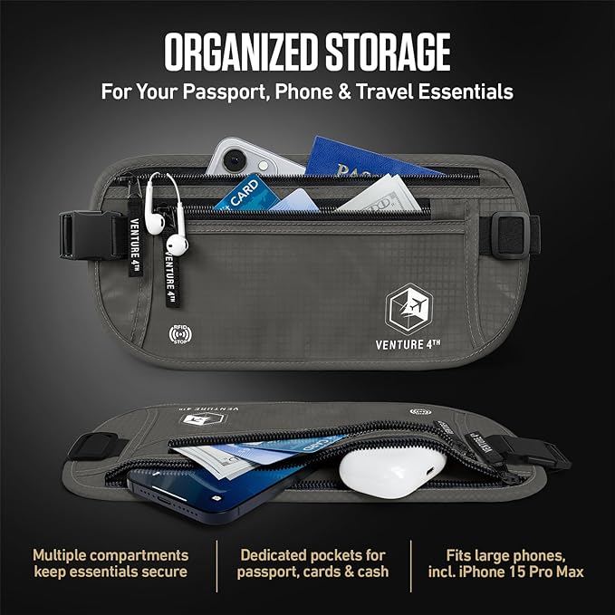 VENTURE 4TH Money Belt for Travel – Hidden Under-Clothes RFID Blocking Passport Holder & Slim Travel Wallet Pouch for Men & Women to Protect Cash, Cards & Documents (Gray)