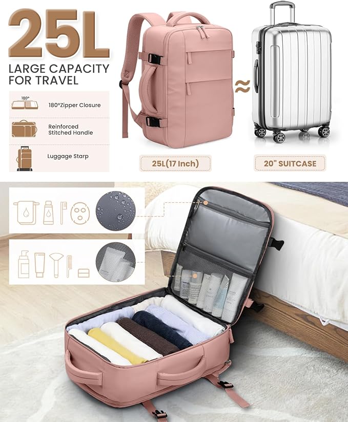 Pritent Travel Backpack for Women Man, Waterproof Laptop Backpack Travel Bag Airline Approved Carry on Weekender Overnight Bag Bookbag for Business,Travel, Work Fits 17.3 inch Laptop(Large,Pink)