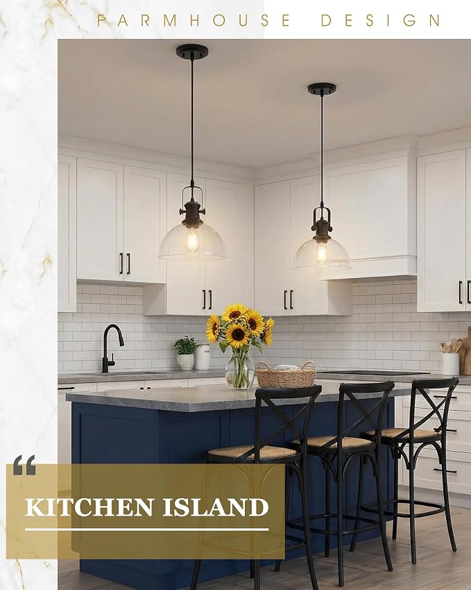 Large Pendant Lights Kitchen Island, 10.5" Farmhouse Black Pendant Lighting with Clear Glass Shade, Vintage Hanging Light Fixtures for Dining Room Entryway, Adjustable Cord, AD-22151-1PL-BK-C