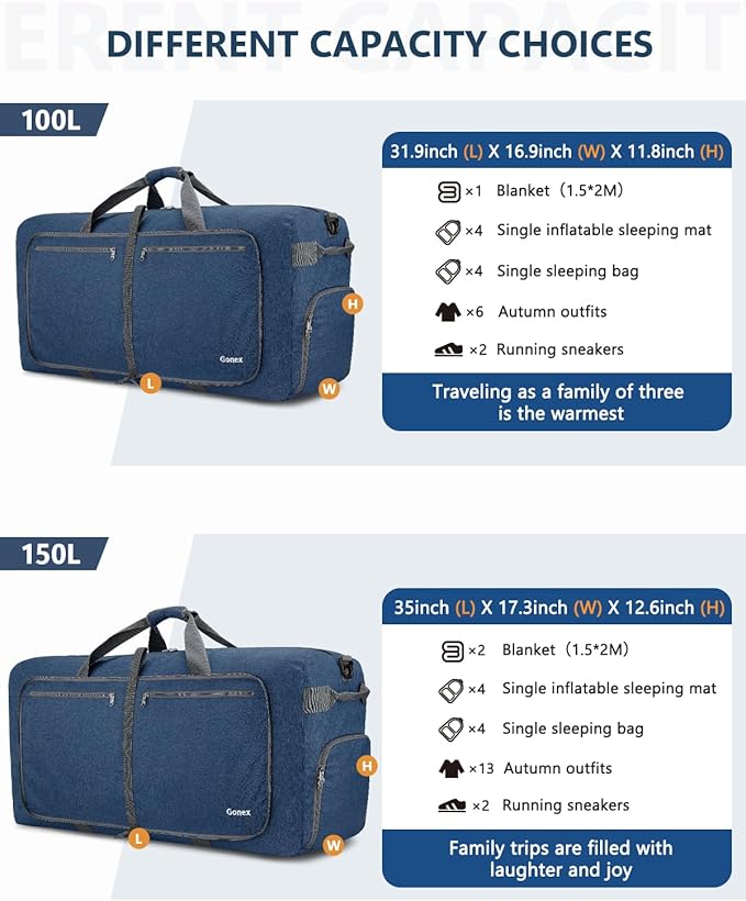 Gonex 40L 60L 80L 100L 150L Large Foldable Travel Duffle Bag with Shoes Compartment, Packable Lightweight Water Repellent Duffel Bag for Camping Gym Weekender Bag