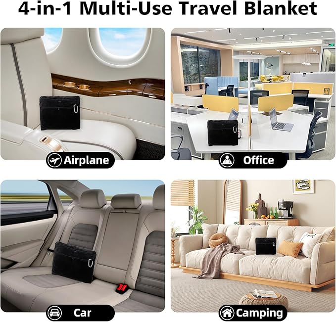 Travel Blanket with Carry Bag, Lightweight Wearable Airplane Blanket, Soft Packable Throw for Travel & Office Black