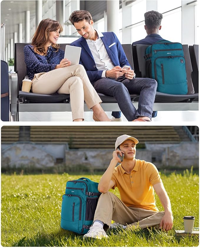 ECOHUB 17" Small Travel Backpack, United Airlines Personal Item Bag 17x10x9 with 16 Pockets, Water Resistant Rucksacks Fit 15.6" Laptop, AirTag Pocket, Lightweight Casual Daypack, 25L, Blue Green