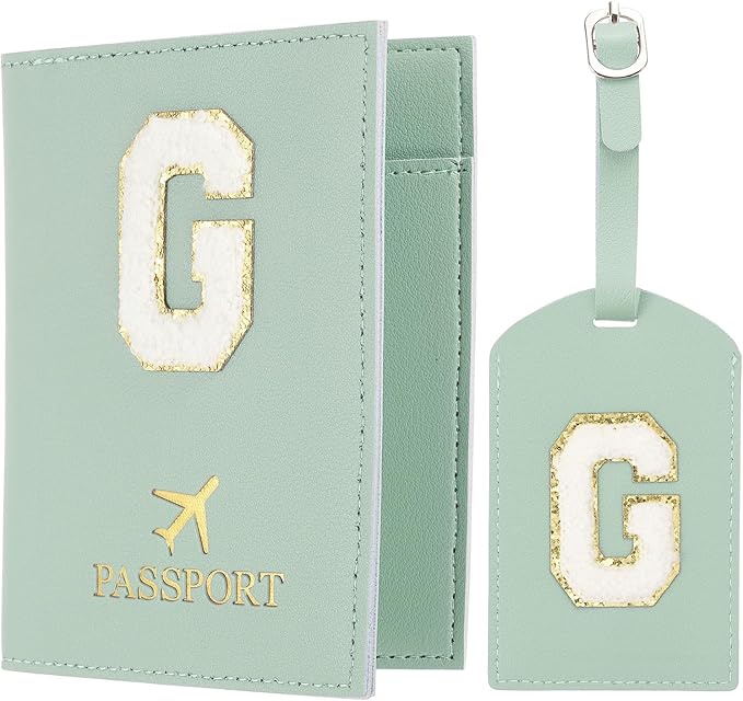 PATIKIL Passport Holder for Travel, Initial Passport Cover and Luggage Tag Set with Alphabet Chenille Letter Patch Travel Wallet Bag Suitcase Identifier for Women Family Travel Green G