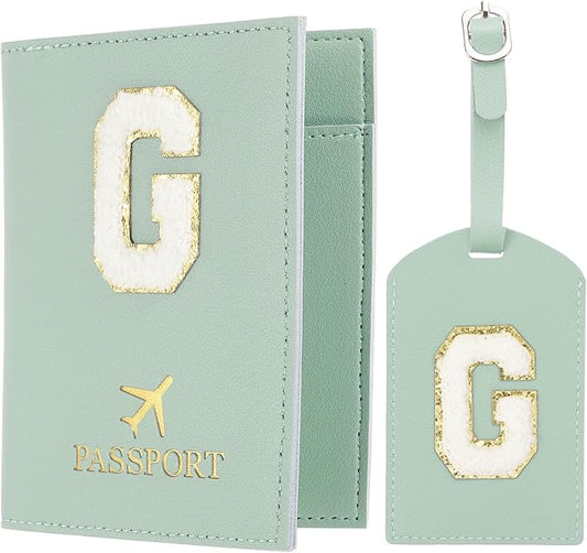 PATIKIL Passport Holder for Travel, Initial Passport Cover and Luggage Tag Set with Alphabet Chenille Letter Patch Travel Wallet Bag Suitcase Identifier for Women Family Travel Green G