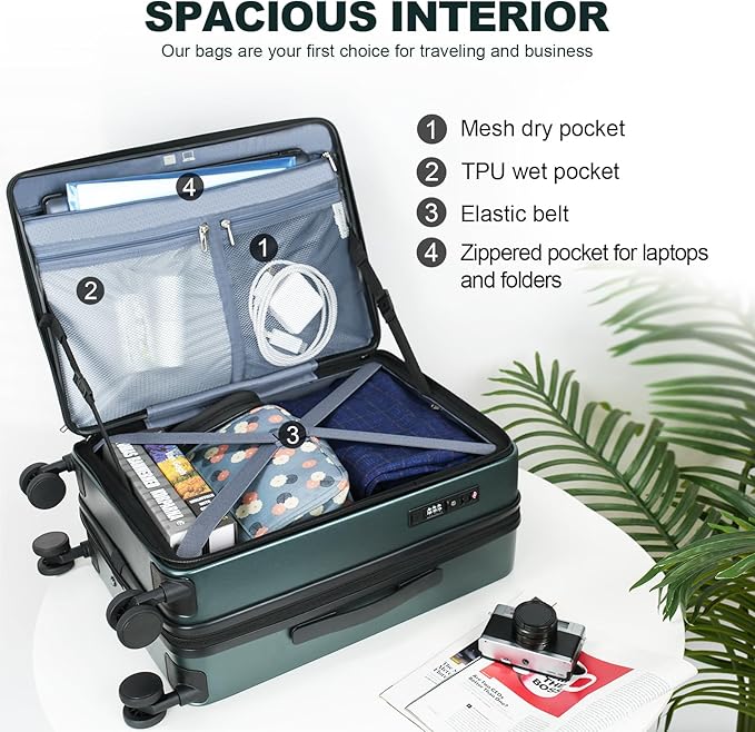 KROSER Carry On Luggage with Spinner Wheels & Built-in TSA Lock, Expandable Top Opening Hard Shell Suitcase Large Capacity Durable Rolling Luggage with USB Port, Carry-On 20-Inch, Dark Green