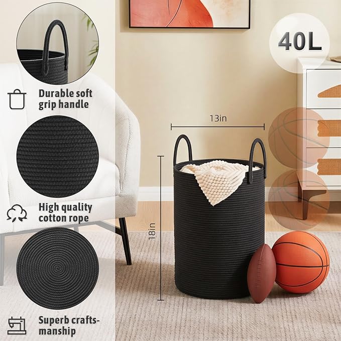 Laundry Basket,Woven Cotton Rope Laundry Hamper,40L for Decorative Storage of Dirty Clothes,Toys and Blankets in Bathroom,Baby Room and Living Room