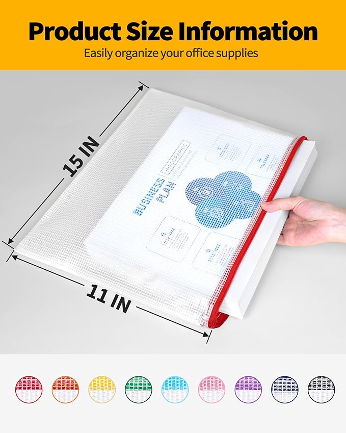 SUNEE Plastic Mesh Zipper Pouch 11x15 in (9 Colors, 18 Packs),Extra Large Water-Resistant Zip Bag for School Office Supplies, Puzzles & Games Organizing Storage