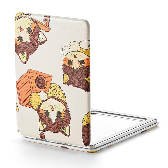 OMIRO 1X/3X Magnifying Mirror, Unique Painting Compact Mirror with Classical PU Leather, 2.4" W x 3.4" L (Ginger Cat)