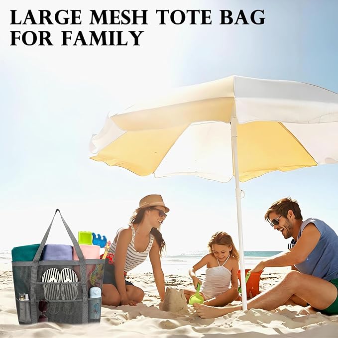 Fammart Mesh Beach Bag, Large Beach Tote with Zipper Pocket, Toys Pool Bag for Family Travel Vacation Cruise Essentials