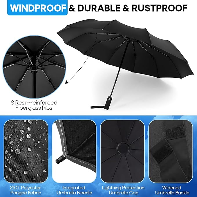 Travel Compact Umbrella, Folding Travel Umbrella for Rain and Shine Small, Windproof Automatic Open/Close, Portable Umbrellas
