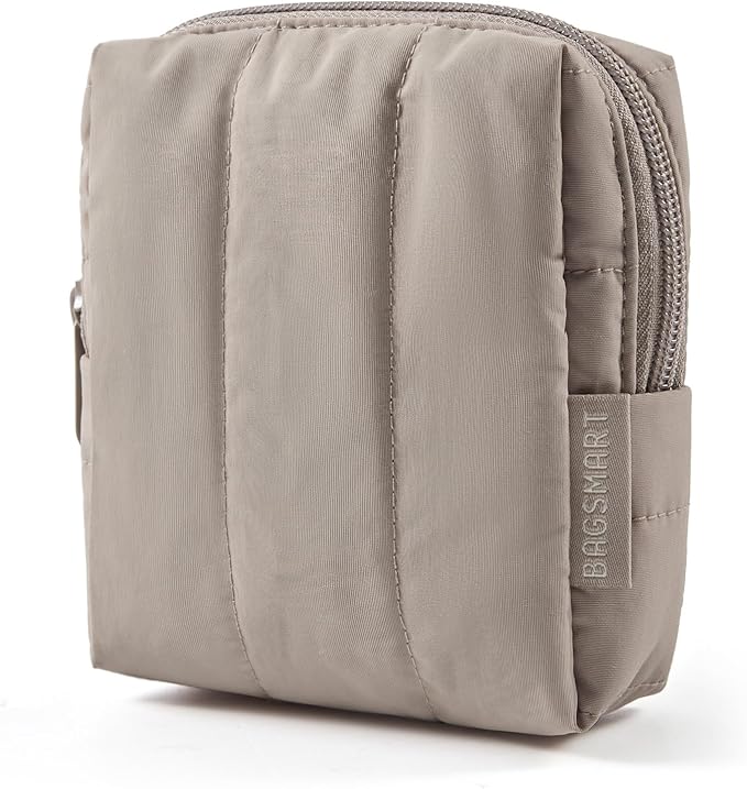 BAGSMART Small Travel Makeup Bag for Purse Toiletry Pouch, Puffy Padded Mini Cosmetics Bag, Cute Make Up Pouch for Women with Slip-in Pocket, Travel Essentials for Toiletries, Greige