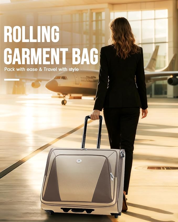 MATEIN Garment Bag with Wheels, Large Wheeled Garment Bags for Hanging Clothes with 2 Packing Cubes, Foldable Softside Travel Suit Carrier for Women, Business Suitcase Luggage Fits 17" Laptop, Khaki