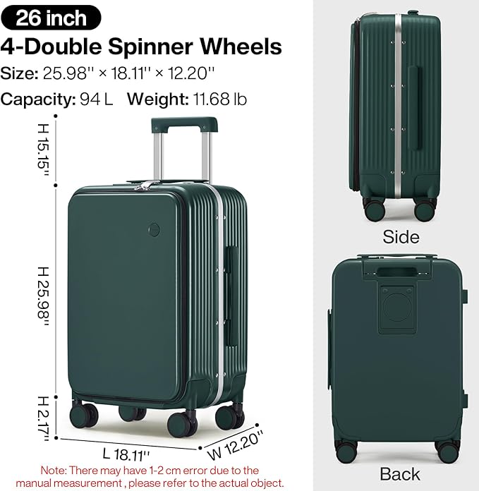 mixi Large Checked Luggage with Cup Phone Holder and Charger Hard Shell Suitcases with Spinner Wheels, 26 Inch Blackish Green