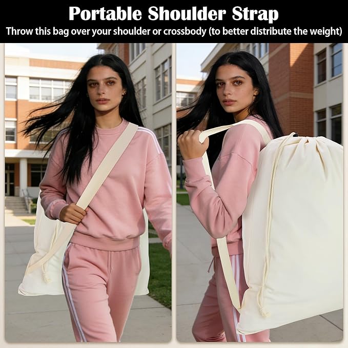 Canvas Laundry Bag with shoulder Strap 24"W x 29"H, Large Drawstring Dirty Clothes Bag Washable Laundry Sack for College Dorm, Travel, Home, Camp (Beige)