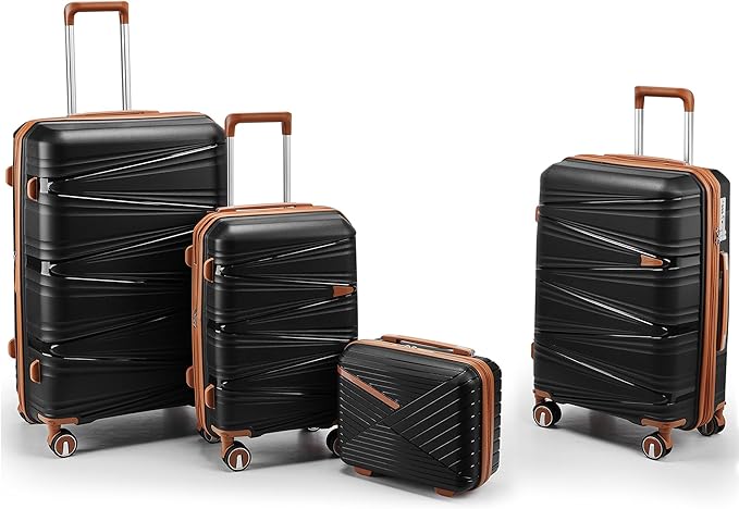 4 Piece Luggage Set PP Hardshell, Expandable Suitcase Set (20/24/28) with 14" Cosmetic Case, Lightweight Spinner Wheels with TSA Lock, Detachable Wheels for Nesting Storage (Black)