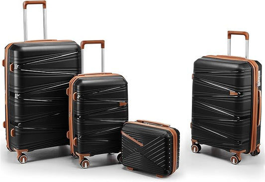 4 Piece Luggage Set PP Hardshell, Expandable Suitcase Set (20/24/28) with 14" Cosmetic Case, Lightweight Spinner Wheels with TSA Lock, Detachable Wheels for Nesting Storage (Black)