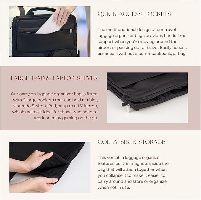 BAREFOOT CARIBOU Over Luggage Organizer for Carry On Bag or Suitcase with Storage Pockets, 16” Laptop Sleeve with Handle, Travel Accessories Bag Slide On Luggage Harness with Adjustable Straps (Black)