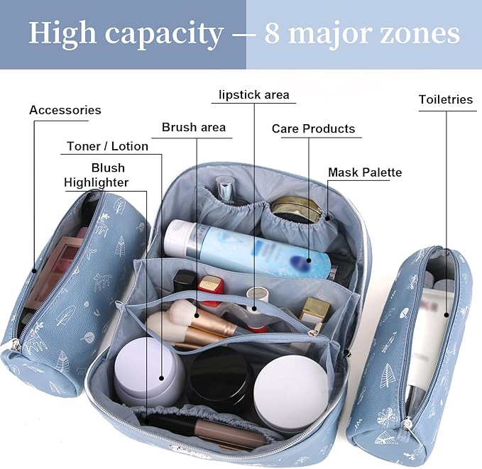 BOYATU Travel Makeup Bag Cosmetic Bags for Women: 3 Pcs Set Portable Make up Bag with Handle - PU Leather Toiletry Bags with Compartments - Makeup Organizer for Travel Essentials(L-2-Blue)