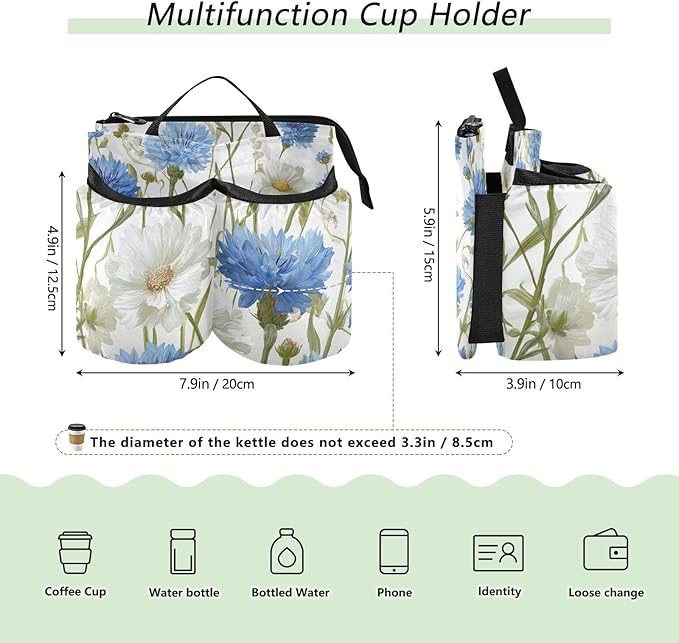 Blue Cornflowers Butterfly White Daisy Luggage Cup Holder Travel Portable Free Hand Drink Carrier Suitcase Drinks Beverage Holder Carry-On Bottle Mug Holder Organizer Bag Travelers Accessories