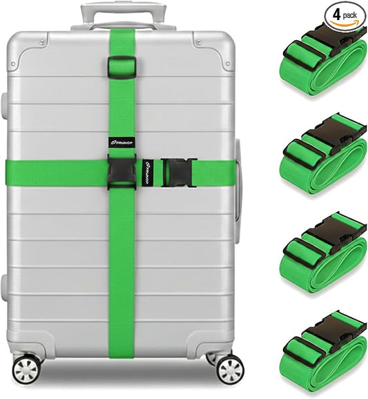 Luggage Straps for Suitcases, Adjustable Travel Suitcase Belts with Buckle Closure, Designed for Carry-On and Checked Luggage, Reusable Travel Accessory, Green - Pack of 4