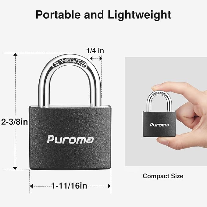 Puroma Lock Keyed Padlock, 1 Pack Aluminum Locks with 2 Keys Alike, 7/8 Inch Locker Lock 43mm Small Padlocks for Gate, Fence, Shed, Toolbox, School Gym Locker (Black)