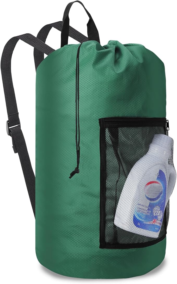 Laundry Bag Backpack Durable Laundry Bag with Shoulder Straps and Mesh Pockets Portable Laundry Dirty Clothes Hamper Bag for College Dorm (Green)