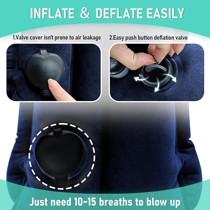 Inflatable Travel Pillow for Airplanes, Airplane Pillow for Long Flight Comfortably Supports, Used for Planes, Trains, Cars, Includes Storage Bag, Eye Mask & Earplugs (Blue)