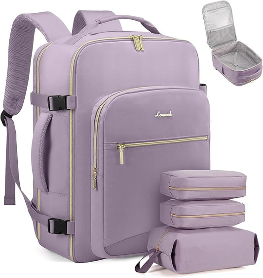 LOVEVOOK Travel Backpack for Women & Men 40L,Airline Approved Carry On Backpack Travel Essentials,TSA Carry on Luggage,Waterproof Personal Item Travel Bag,Suitcase with 3 Packing Cubes,Light purple