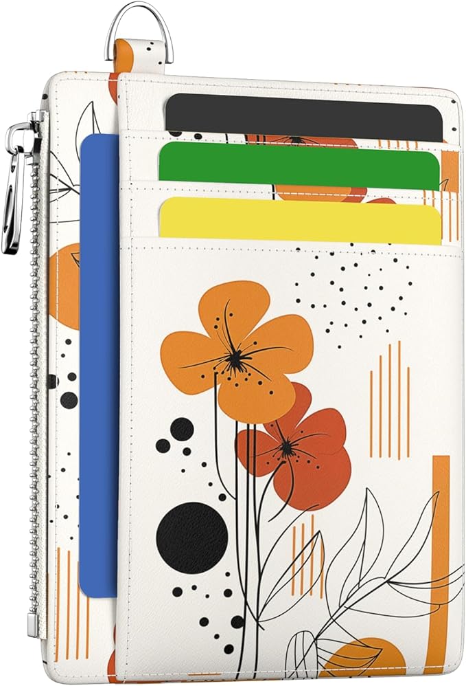 Hancynir Slim Wallet Women Credit Card Holder Abstract Boho Flower RFID Small Mini Card Case Front Pocket PU Leather Thin Travel Zipper Coin Cash ID Window Ladies Female Wallet Gifts