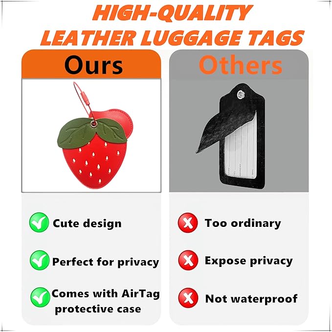 CuteLeather Luggage Tag Holder with Airtag Case Set,Hidden Compartment for AirTag Travel Suitcase Tracking Case with Stainless Steel Loop,Name ID Label(Strawberry)