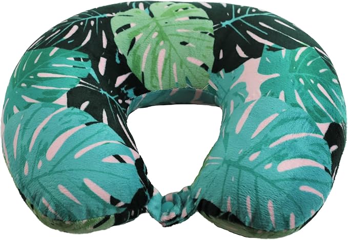 Adult Cozy Soft Microfiber Neck Pillow for Travel – Compact, Machine Washable - Perfect for Airplane, Car, or Home Use - Filled and Finished in the USA – Monstera Leaf