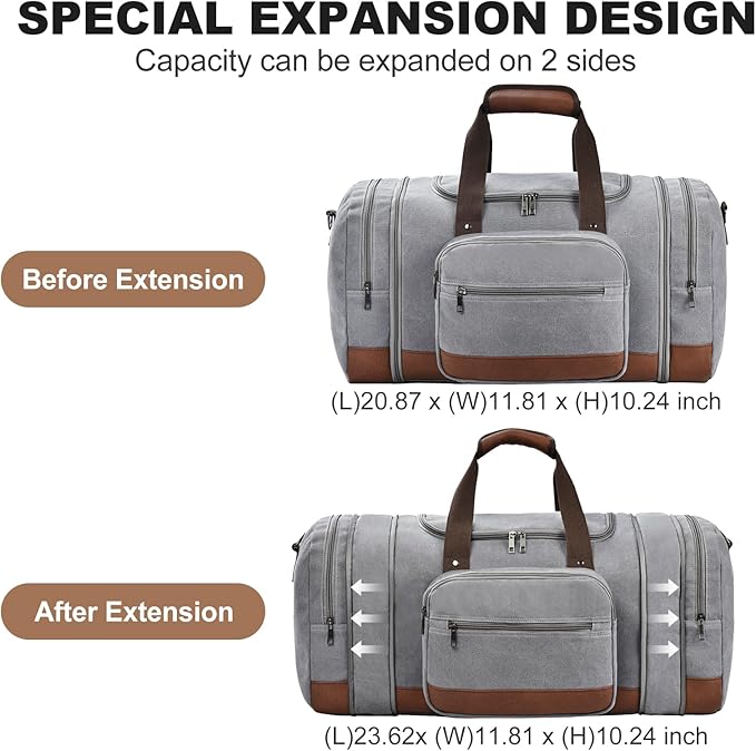 Litvyak Duffle Bag for Travel, 50L Canvas Travel Duffel Bags Overnight Weekend Gym Carry On Luggage Bag for Men & Women(Grey+Toiletry Bag)