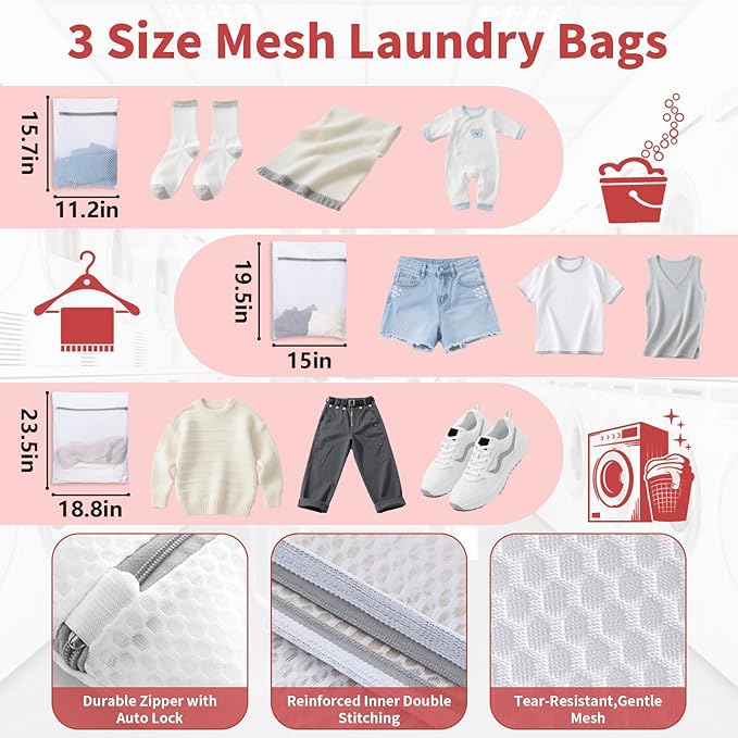 150L Laundry Bag Backpack with 3 Sizes Mesh Wash Bags and Shoulder Straps Foldable Clothes Hamper Bag with Drawstring Closure for College, Apartment, Laundromat (Red)